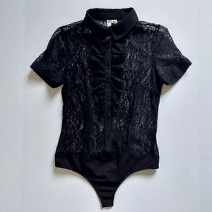 Forever 21 Exclusive  : Short Sleeved. Button-down Ruffled Sheer Bodysuit